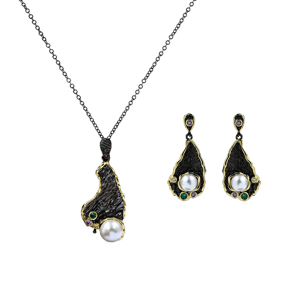 2-Piece Vintage Black & Gold Style Freshwater Pearl Necklaces & Earrings Sets