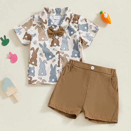 Boy's Easter Bunny Button-up Bow Tie Shirt & Shorts