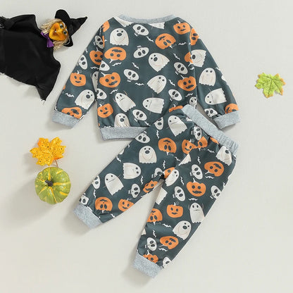 2-Piece Halloween Outfits! Boy's Ghost Pumpkin Fall Sweatshirt & Pants Sets