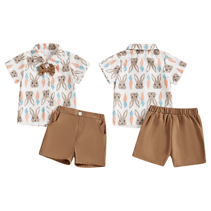 Boy's Easter Bunny Carrot Turn Down Shirt Collar Shirt & Shorts Set