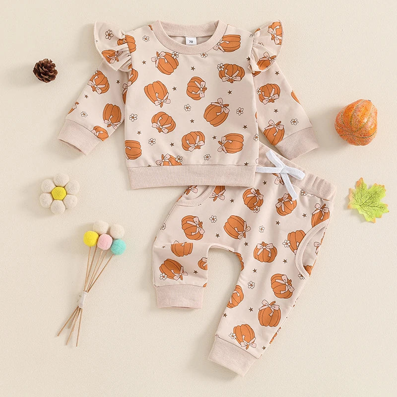 2-piece Sets! Girl's Ruffled Halloween Pumpkin Fall Sweatshirt & Sweatpants