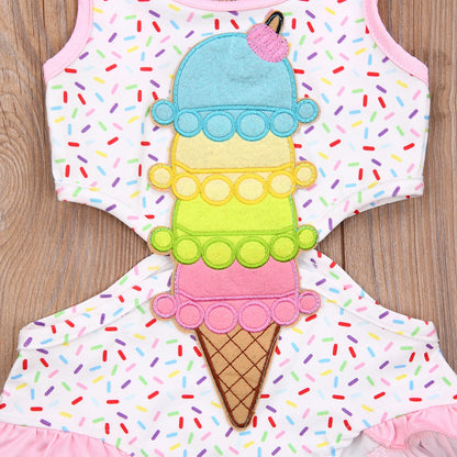 Toddler Baby Girls Sweet Ruffles Swimsuit Bow Ice Cream Print Hollow Suspender Swimsuit Bodysuit Clothes