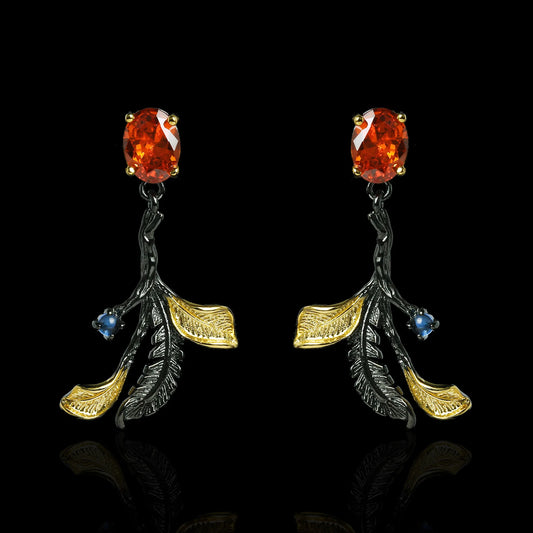 Classic Black & Gold Style Leaf Red Zircon Earrings