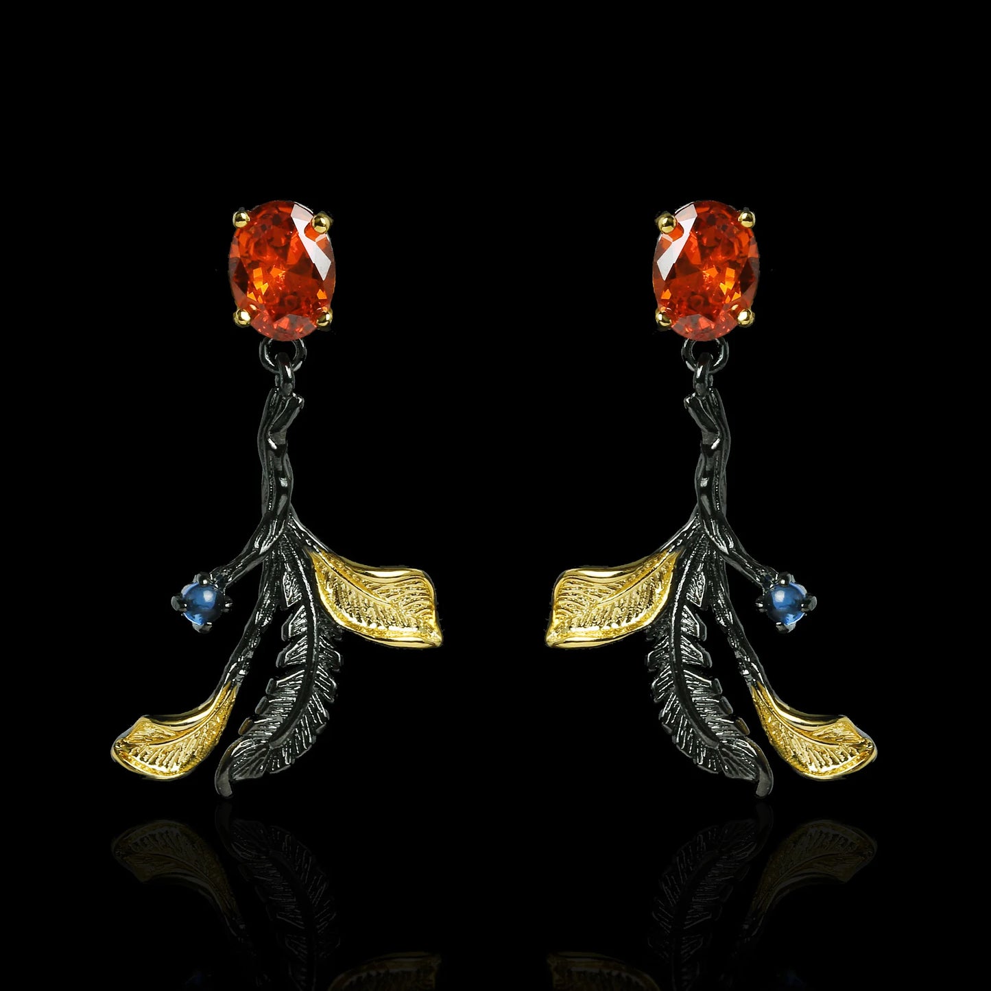 Classic Black & Gold Style Leaf Red Zircon Earrings