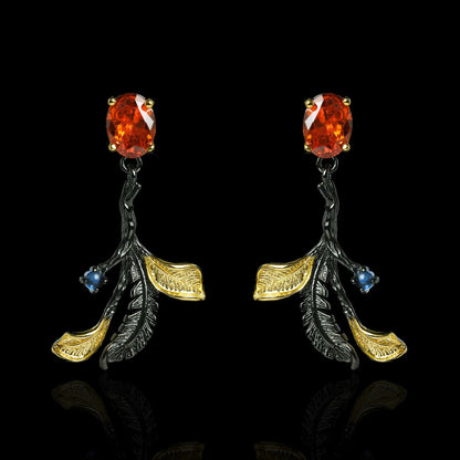 Classic Black & Gold Style Leaf Red Zircon Earrings