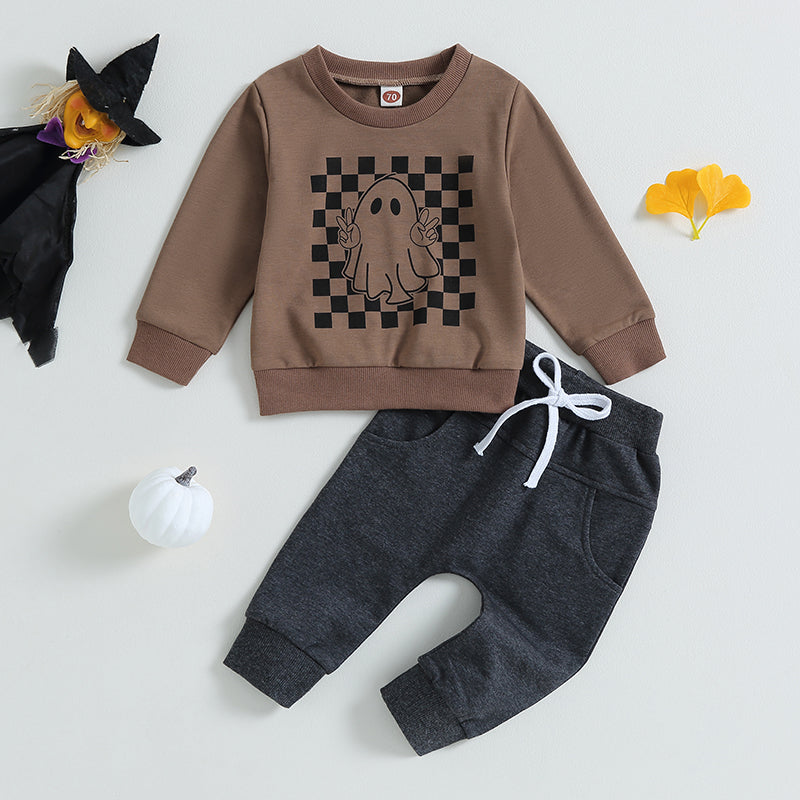 2-Piece Halloween Outfits! Boy's Ghost Checkerboard Sweatshirt & Pants Sets