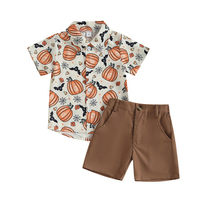 2-Piece Halloween Outfits! Boy’s Short Sleeve Pumpkin Sweatshirt & Shorts Sets