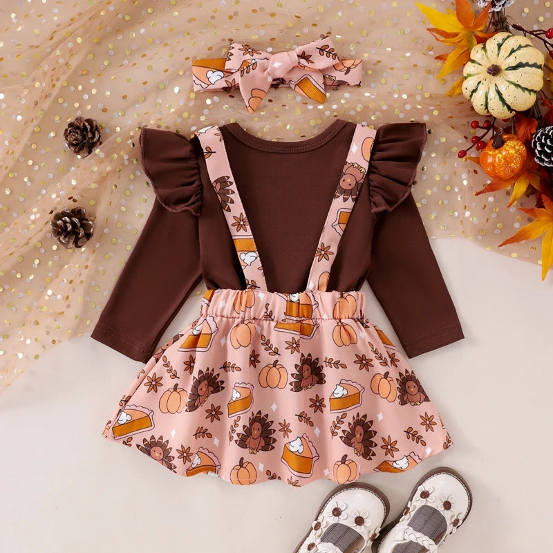 Girl's 3-Piece Holiday 3-Piece Ruffled Onesie, Santa/Pumpkin/Turkey Suspender Skirts & Bow Headband Sets