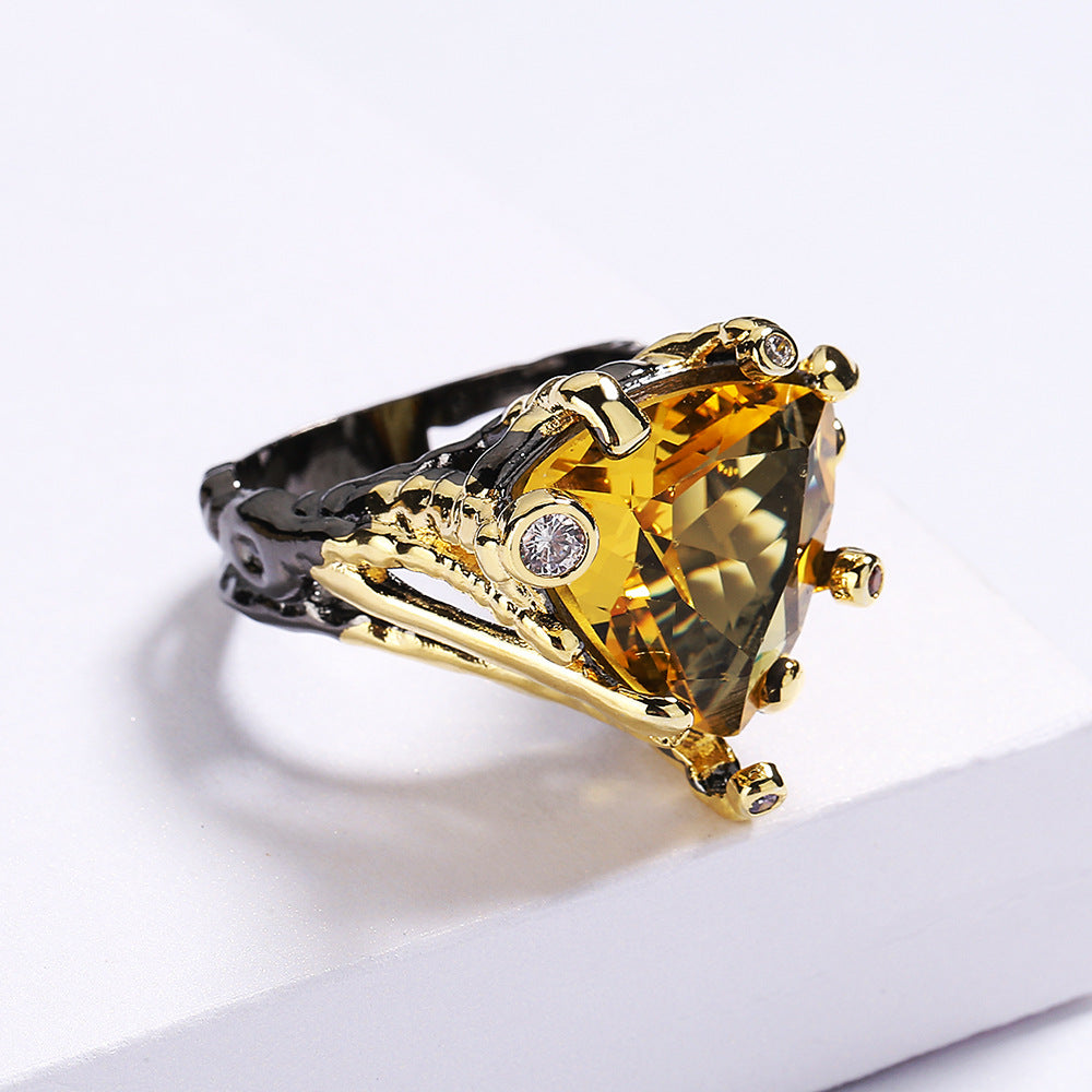 Triangle Citrine Zircon Black & Gold Style Ring