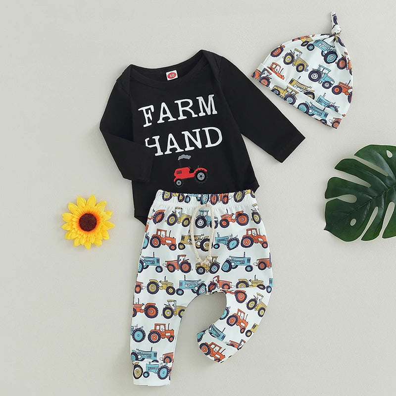 3-Piece Fall Outfits! Boy’s Farm Hand Onesie, Pants, & Hat Sets