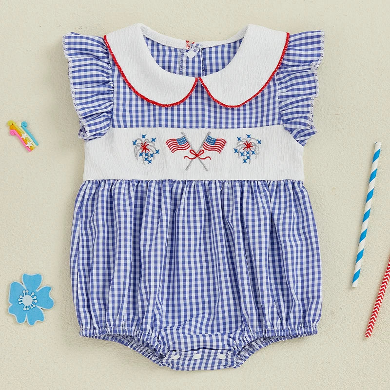 Girl's Embroidered 4th of July Plaid Doll Collar Rompers