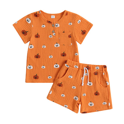 2-Piece Halloween Outfits! Boy’s & Girl’s Short Sleeve Pumpkin T-shirt Rompers & Shorts Sets