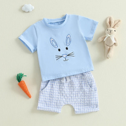 Boy's Easter Bunny Embroidered T-Shirt & Plaid Shorts