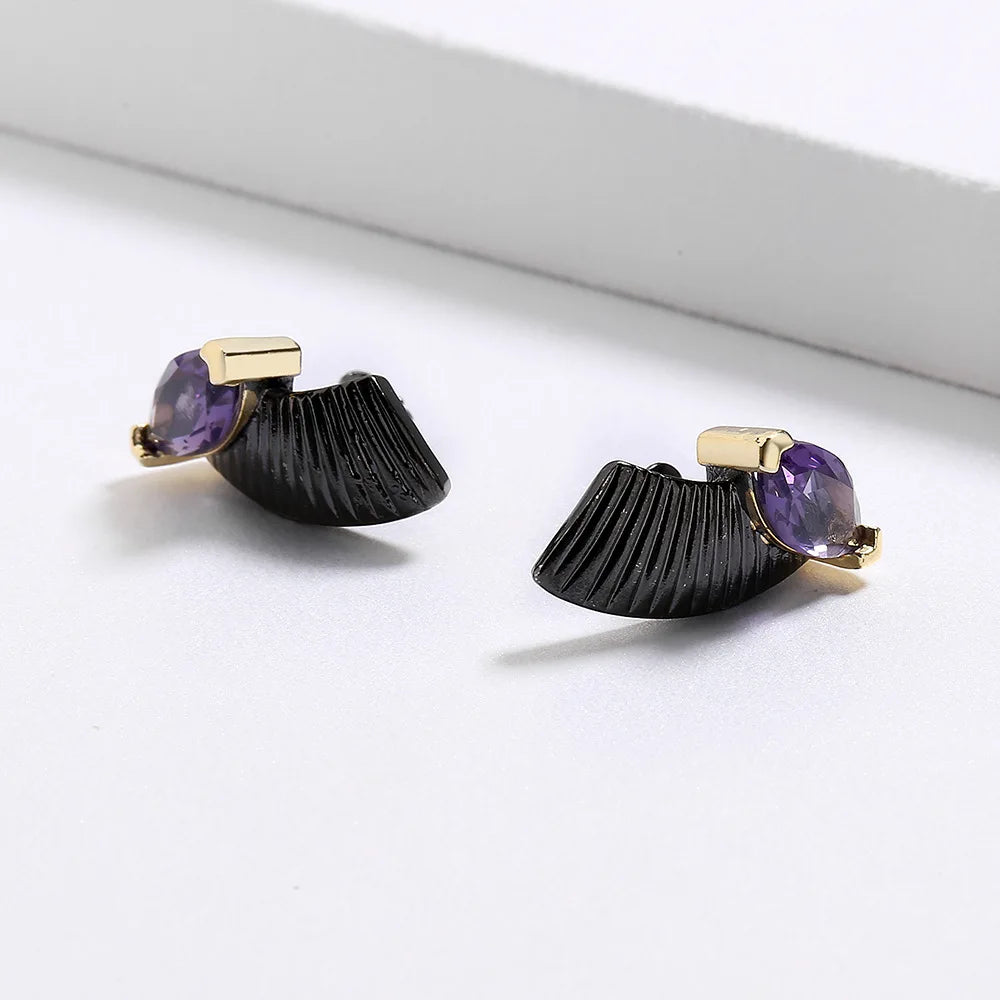 Amethyst Stud Earrings Black & Gold Style