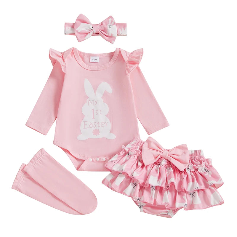 Girl's 4-Piece First Easter, Bunny Onesies, Bow Headband, Skirt & Socks Sets