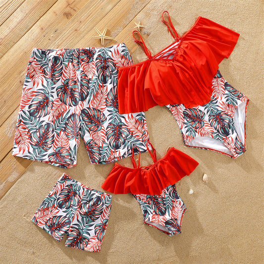 Family Matching! Tropical Ruffled One Piece Swimsuits & Trunks