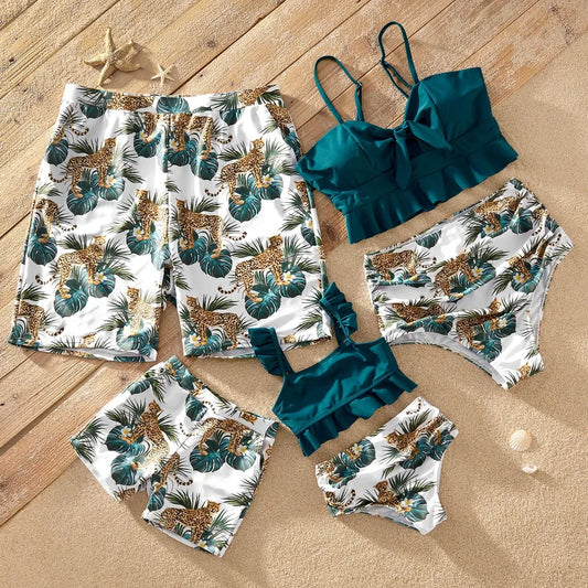 Family Matching! Ruffle Hem Jungle Tiger Swimwear Family Look