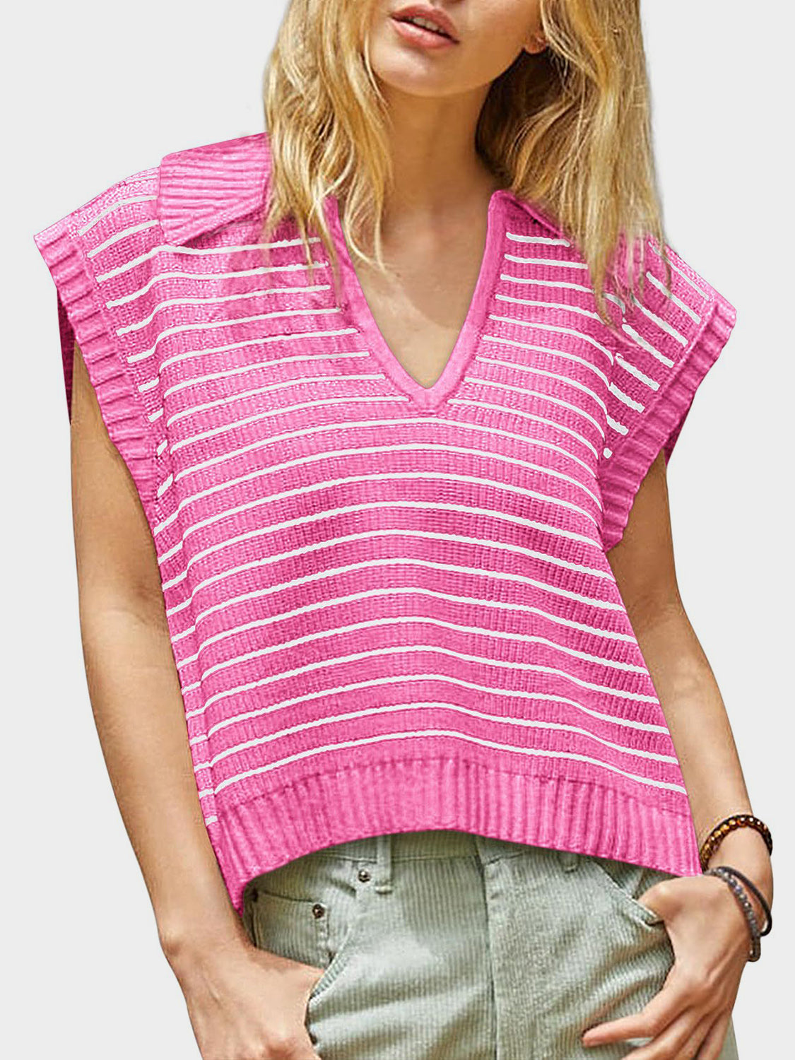 Collared Neck Striped Sweater Vest