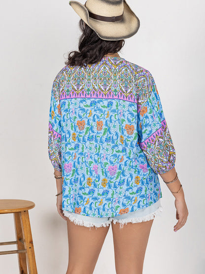 Plus Print Tie Neck Balloon Sleeve Blouse