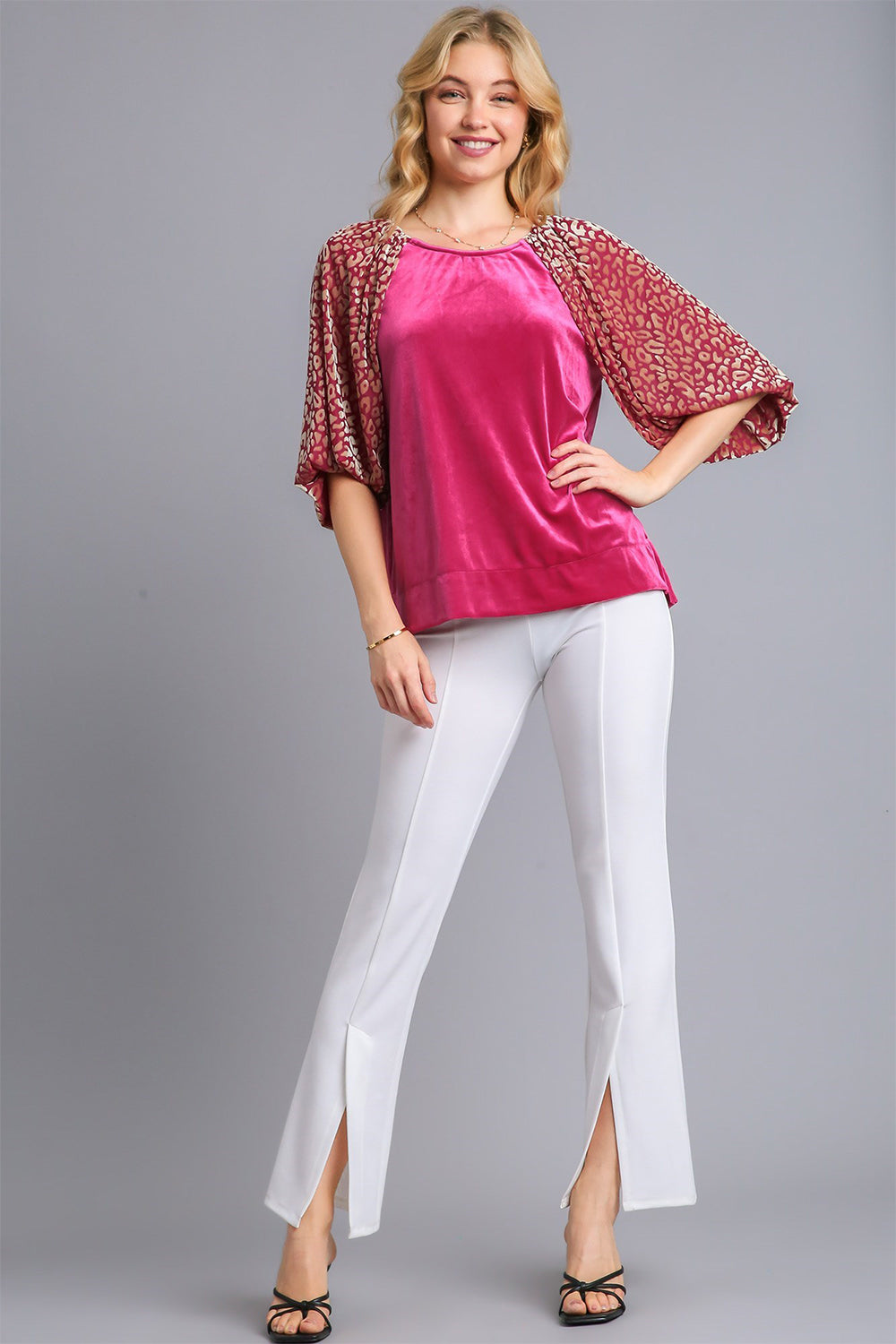 Round Neck Leopard Balloon Sleeve Velvet Top