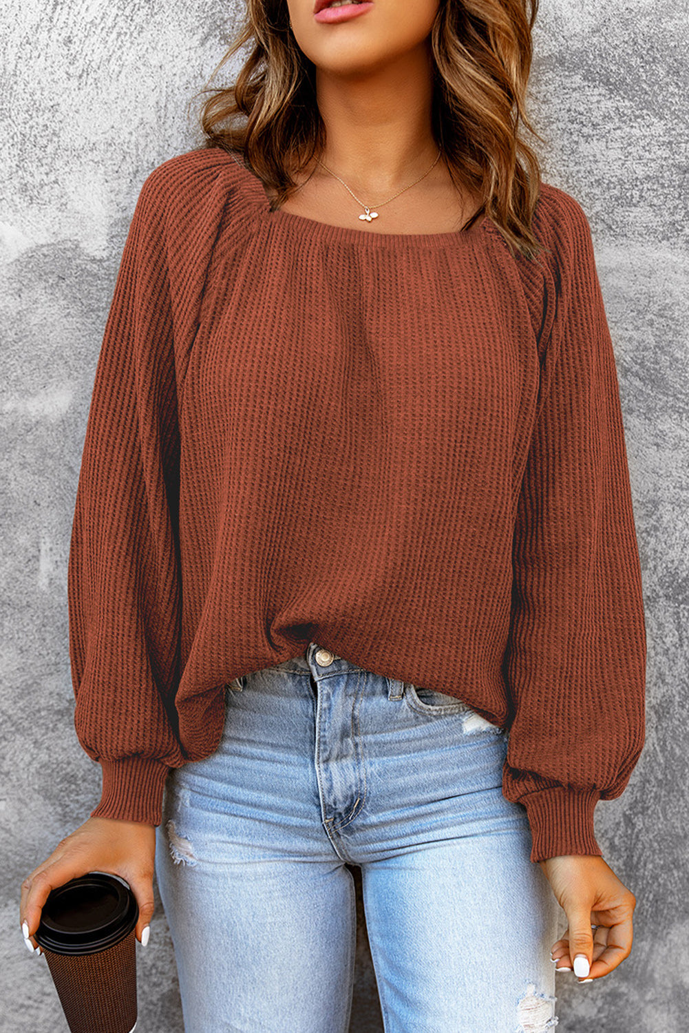 Square Neck Waffle-Knit Top