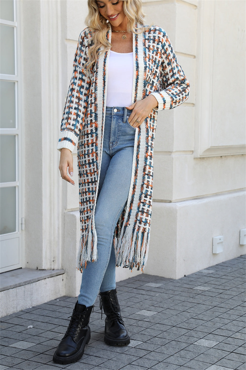 Multicolor Open Front Fringe Hem Cardigan