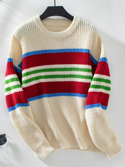 Contrast Stripes Round Neck Long Sleeve Sweater