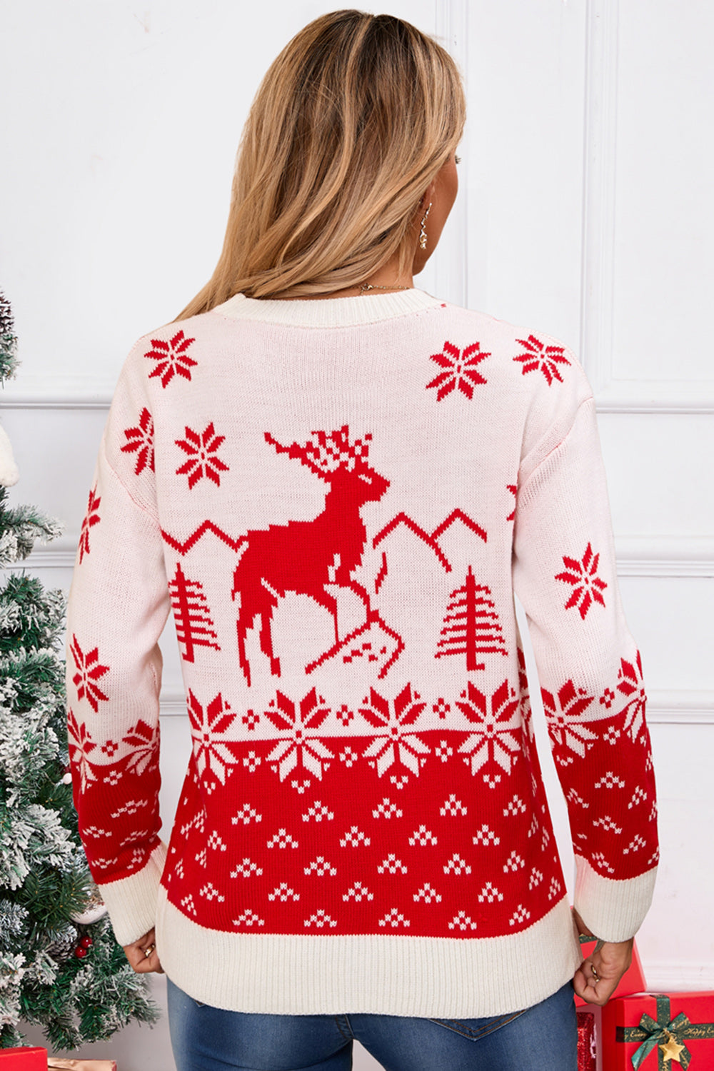 Deer Pattern Round Neck Long Sleeve Sweater