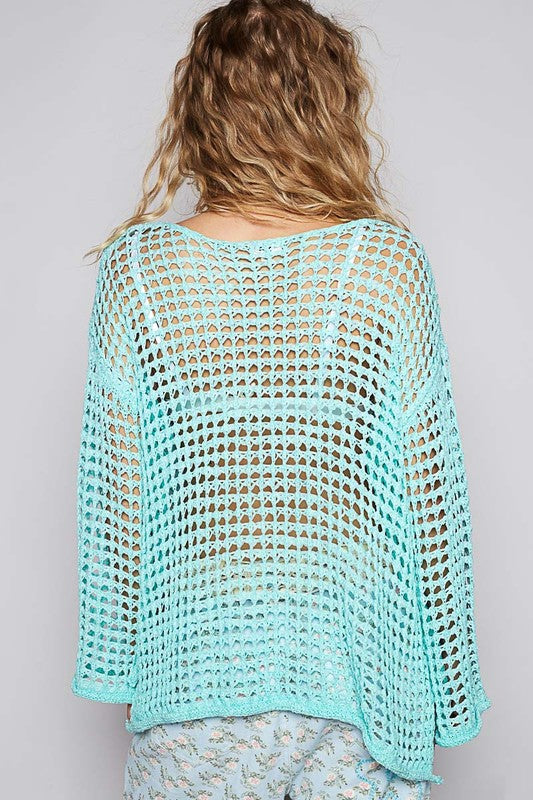 Side Slit Openwork Long Sleeve Knit Cover Up