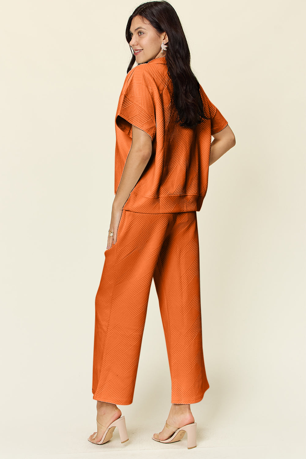 Textured Half Zip Short Sleeve Top and Pants Set