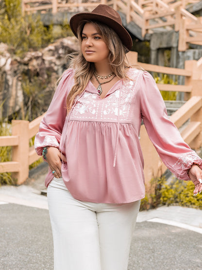 Plus Tie Neck Puff Sleeve Blouse