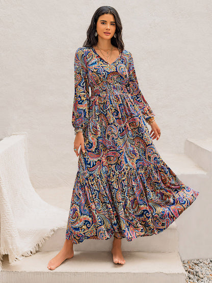 Print Tie Neck Long Sleeve Midi Dress