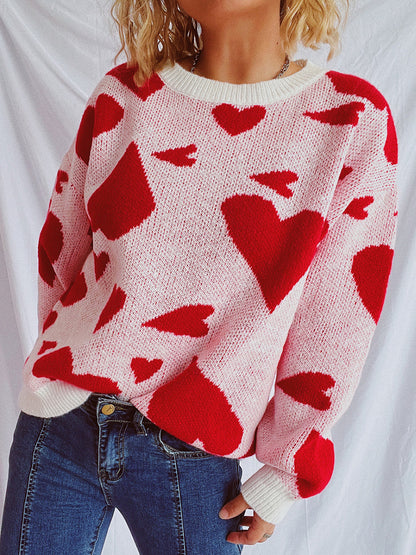 Heart Round Neck Long Sleeve Sweater