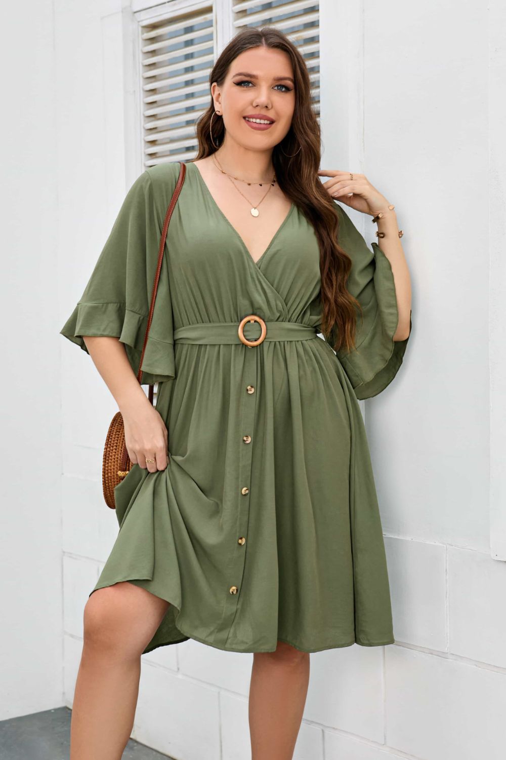 Plus Surplice Neck Half Sleeve Dress