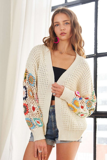 Plus Contrast Crochet Open Front Long Sleeve Cardigan