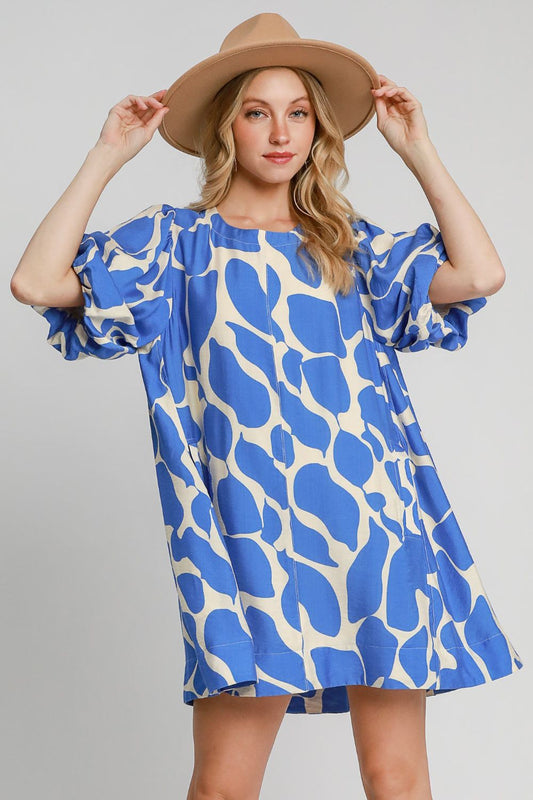 Two Tone Abstract Print Puff Sleeve Dress