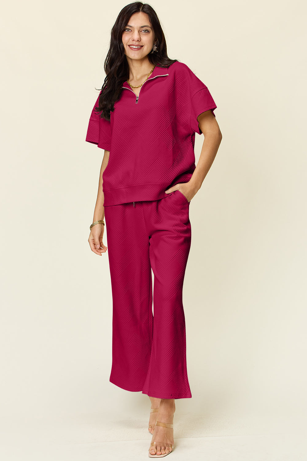 Textured Half Zip Short Sleeve Top and Pants Set