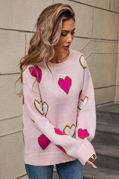 Contrast Heart Round Neck Long Sleeve Sweater