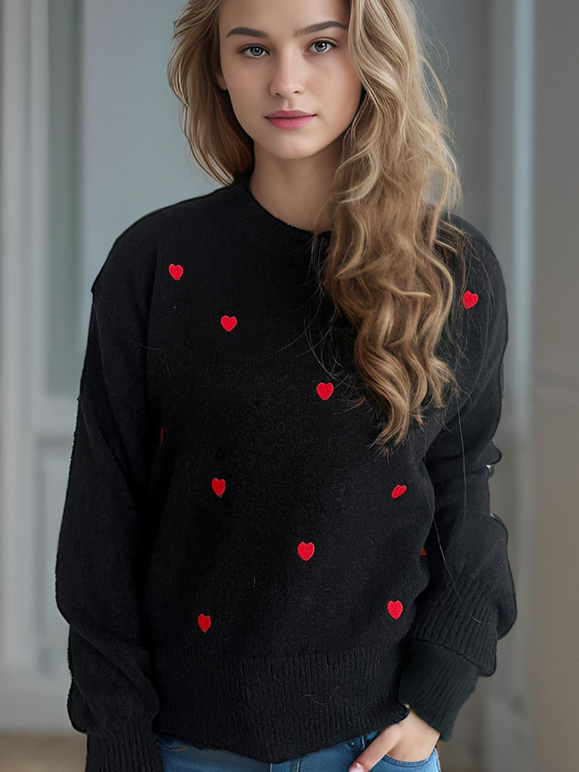 Heart Round Neck Long Sleeve Sweater