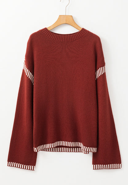 Striped Detail Round Neck Dropped Shoulder Sweater