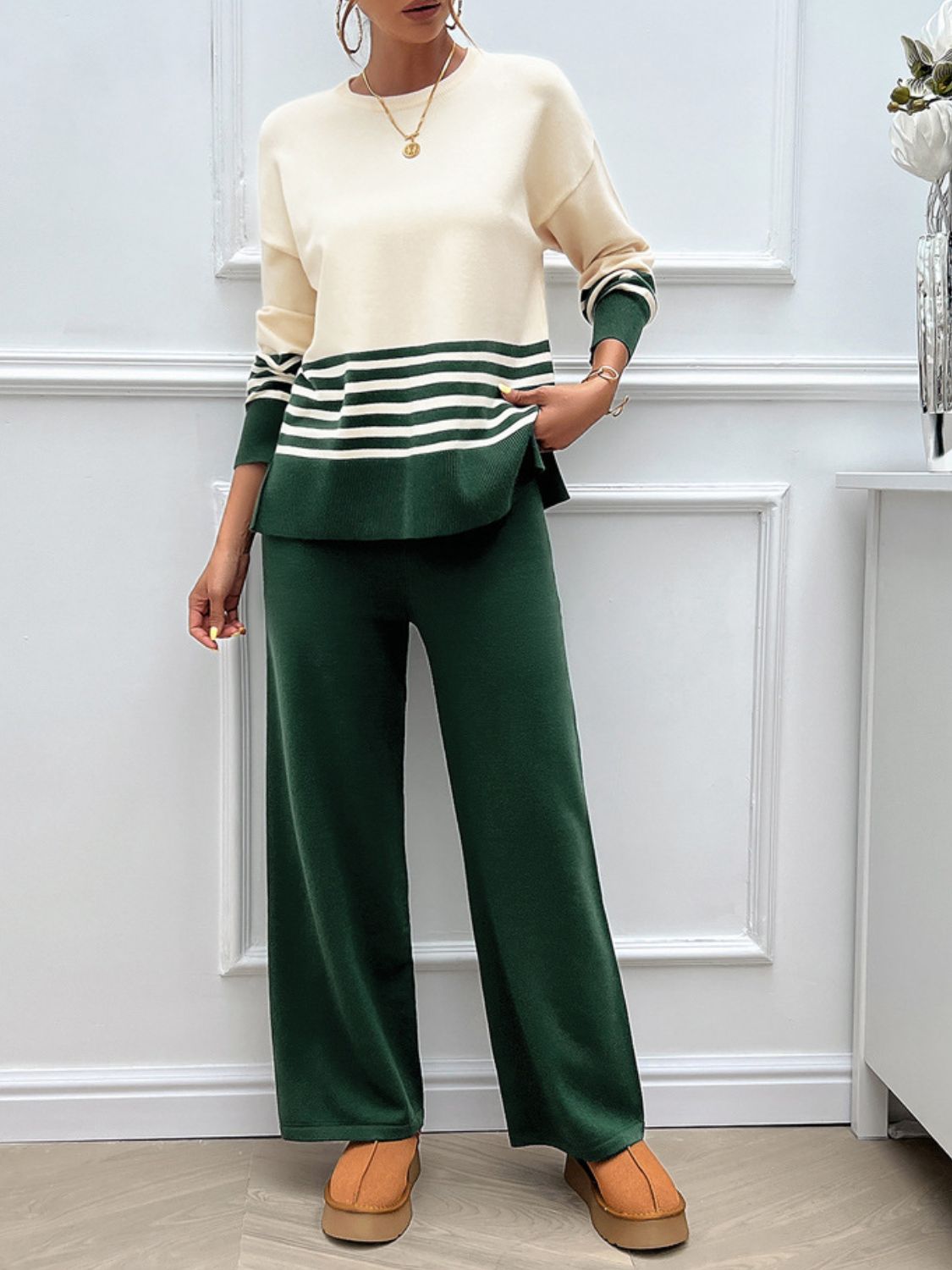 Slit Striped Round Neck Top and Pants Sweater Set