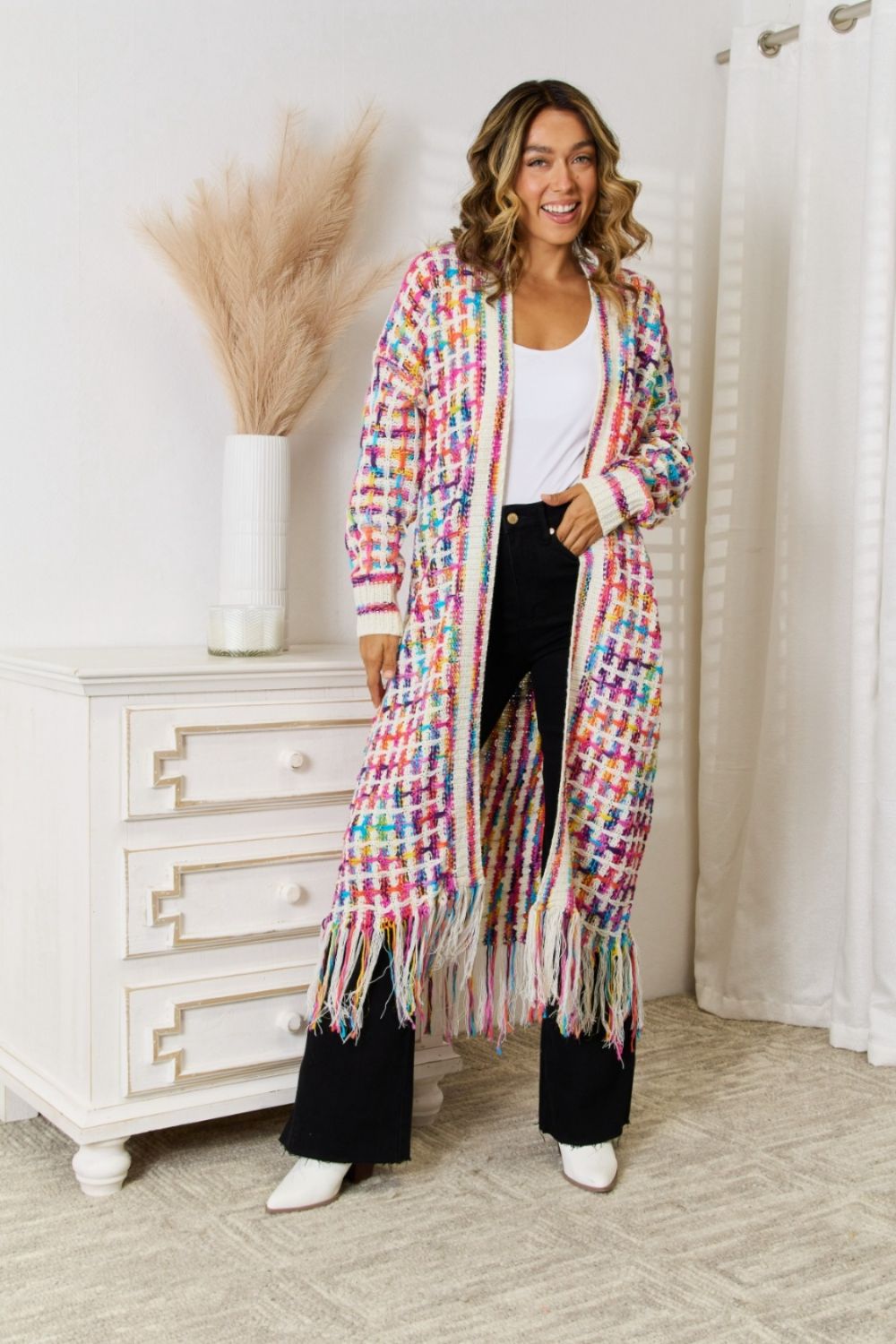 Multicolor Open Front Fringe Hem Cardigan