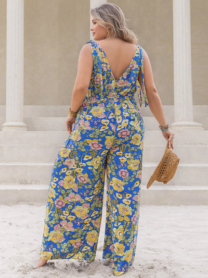 Plus Print V-Neck Wide Leg Jumpsuit