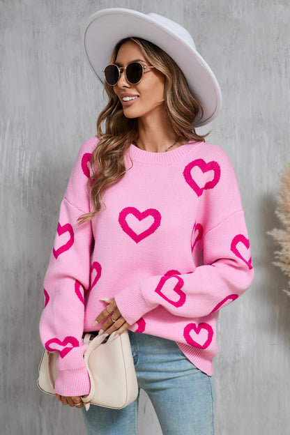 Heart Round Neck Dropped Shoulder Long Sleeve Sweater