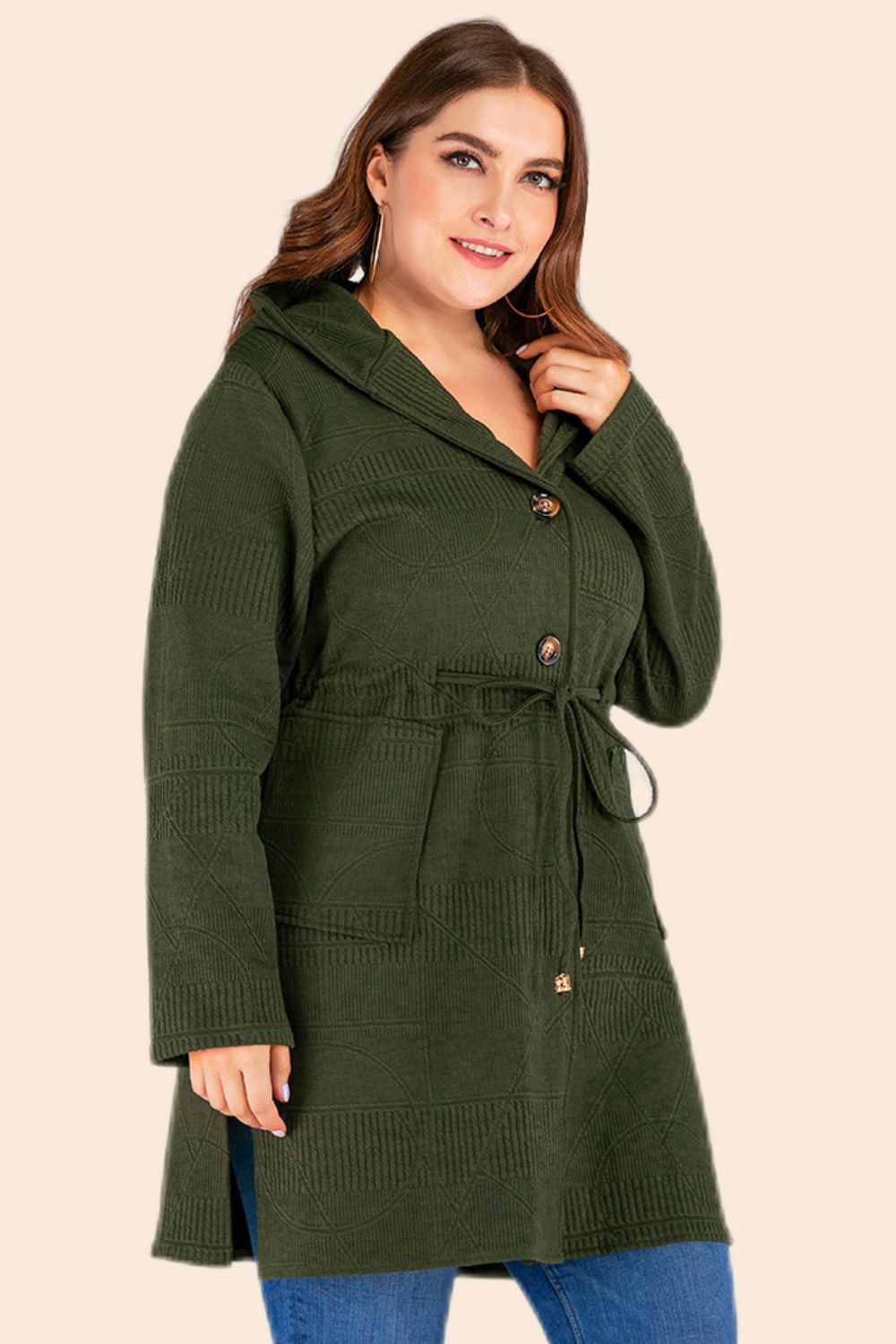 Plus Drawstring Waist Hooded Cardigan with Pockets