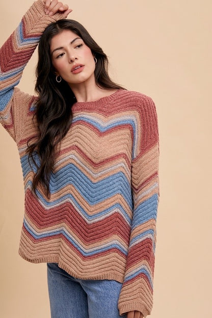 Multi Color Zig-Zag Round Neck Sweater