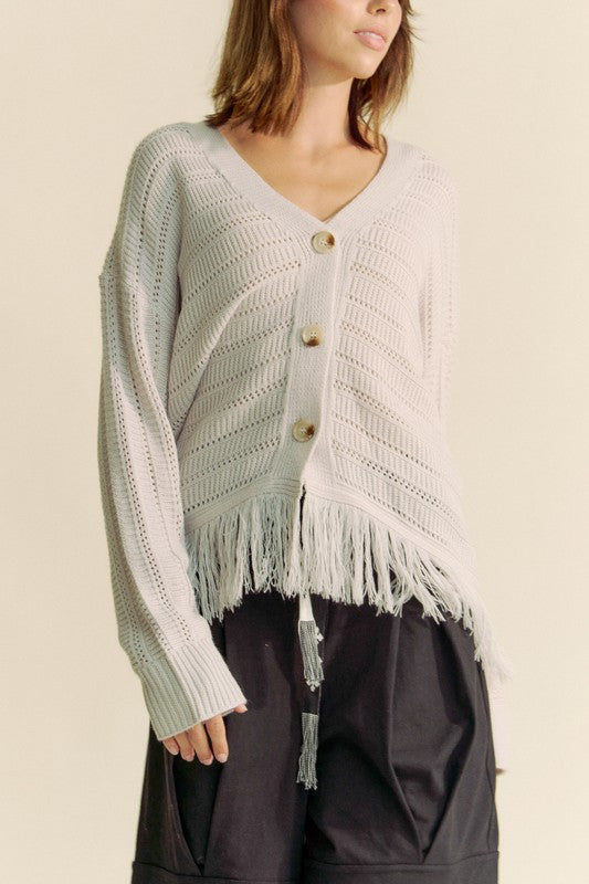 Fringe V-Neck Button Up Long Sleeve Cardigan