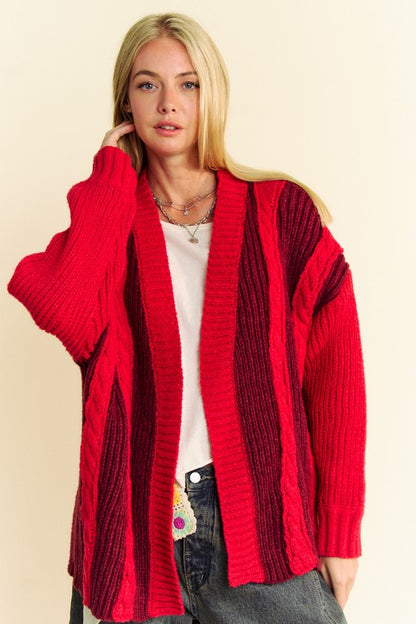 Cable-Knit Color Block Open Front Cardigan