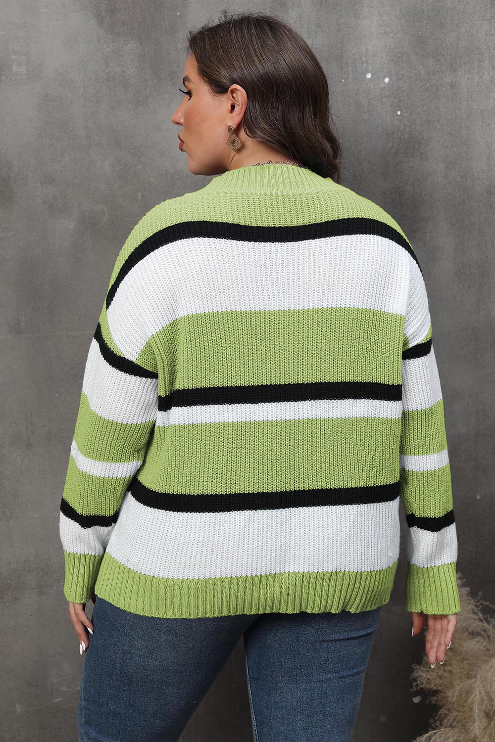 Plus Striped V-Neck Dropped Shoulder Sweater