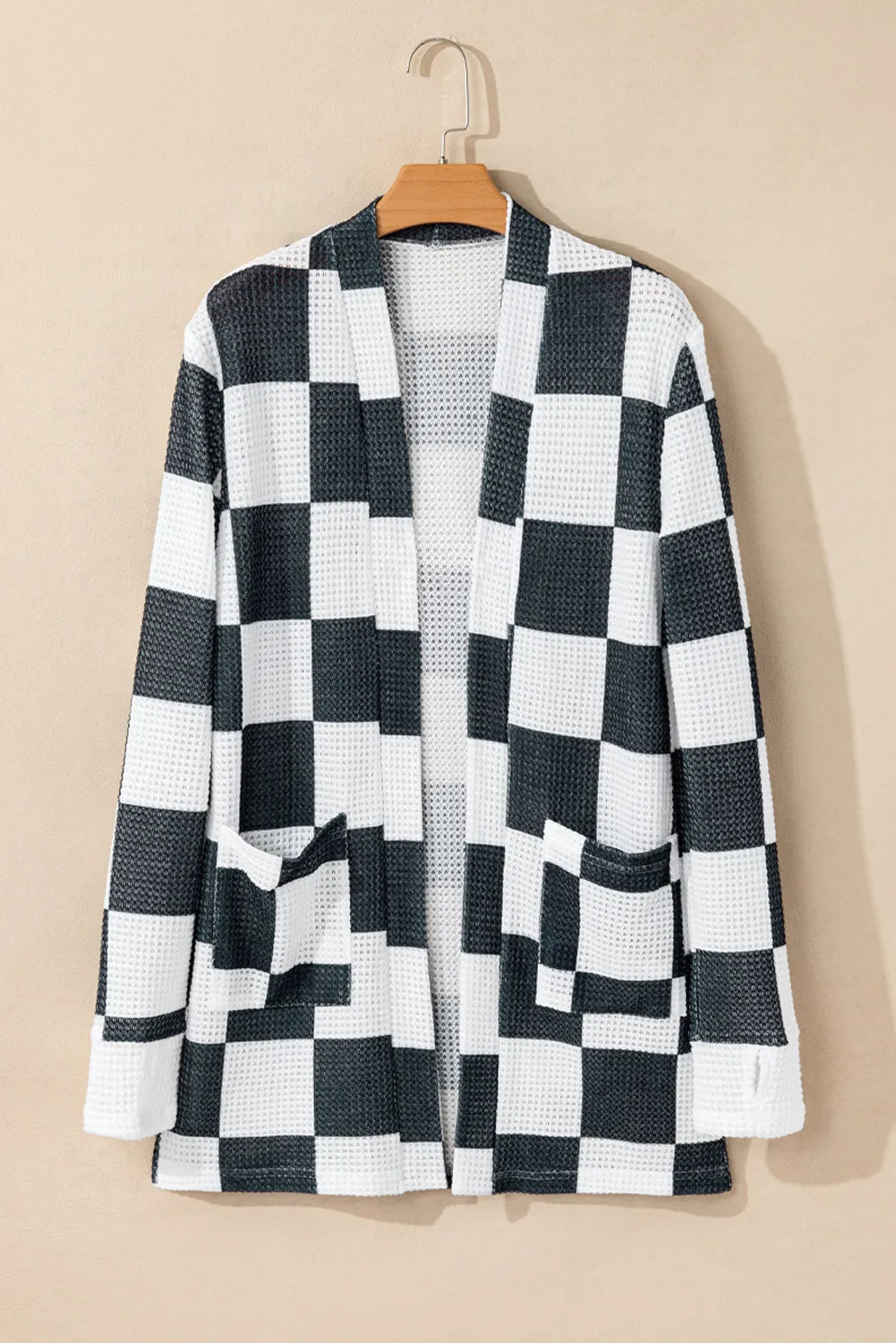 Checkered Open Front Long Sleeve Cardigan